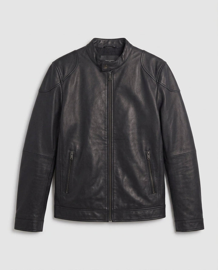 Herren maßgeschneiderte Kunstlederjacke im Biker Blouson Stil mit Stehkragen und Reißverschluss drune