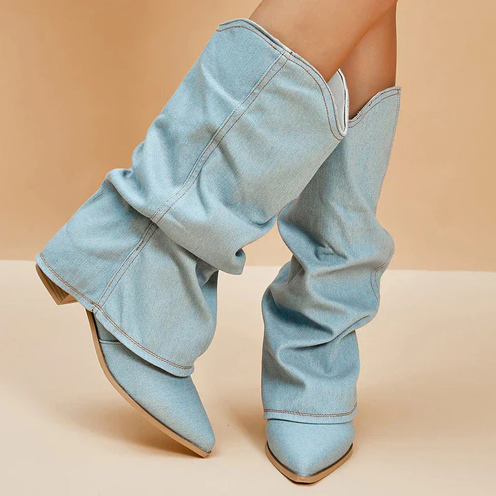 Drune | Denim kniehohe Stiefel