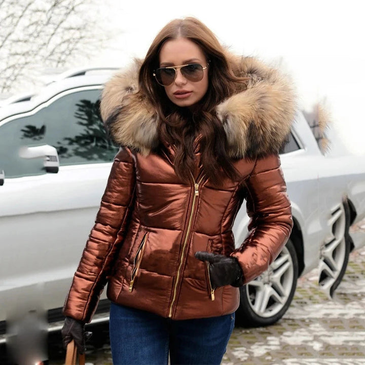 Drune | Jacke Glänzend Reißverschluss Jacke mit Pelzkragen Winterjacke für Damen