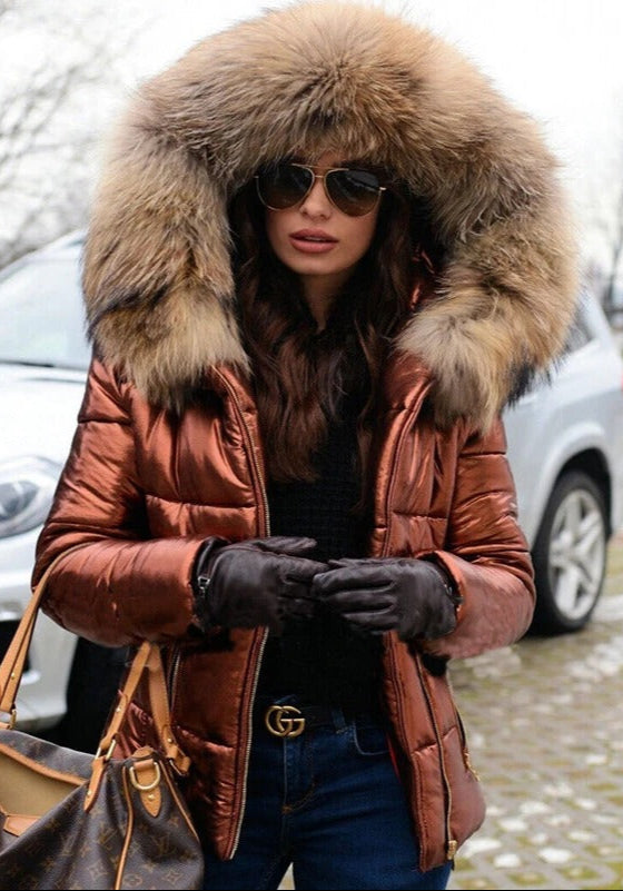 Drune | Jacke Glänzend Reißverschluss Jacke mit Pelzkragen Winterjacke für Damen