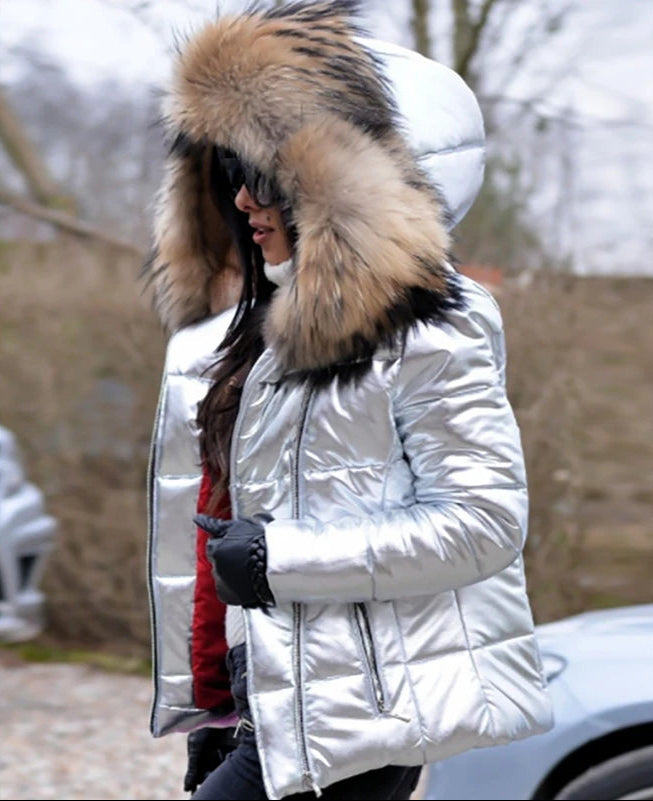Drune | Jacke Glänzend Reißverschluss Jacke mit Pelzkragen Winterjacke für Damen