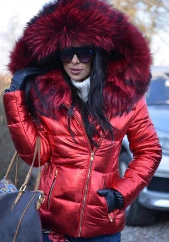 Drune | Jacke Glänzend Reißverschluss Jacke mit Pelzkragen Winterjacke für Damen