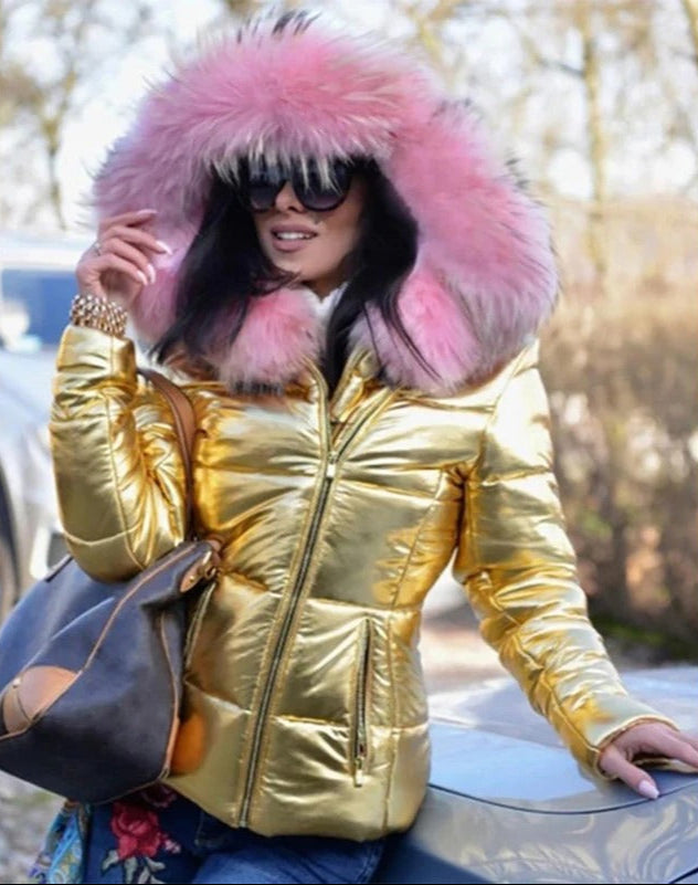 Drune | Jacke Glänzend Reißverschluss Jacke mit Pelzkragen Winterjacke für Damen
