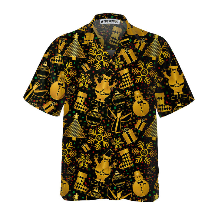 Drune | Goldene Weihnachten Elemente Hawaiihemd, Lustiges Weihnachtshemd für Männer, Beste Xmas Geschenkidee