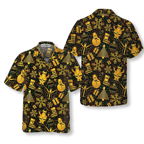 Drune | Goldene Weihnachten Elemente Hawaiihemd, Lustiges Weihnachtshemd für Männer, Beste Xmas Geschenkidee