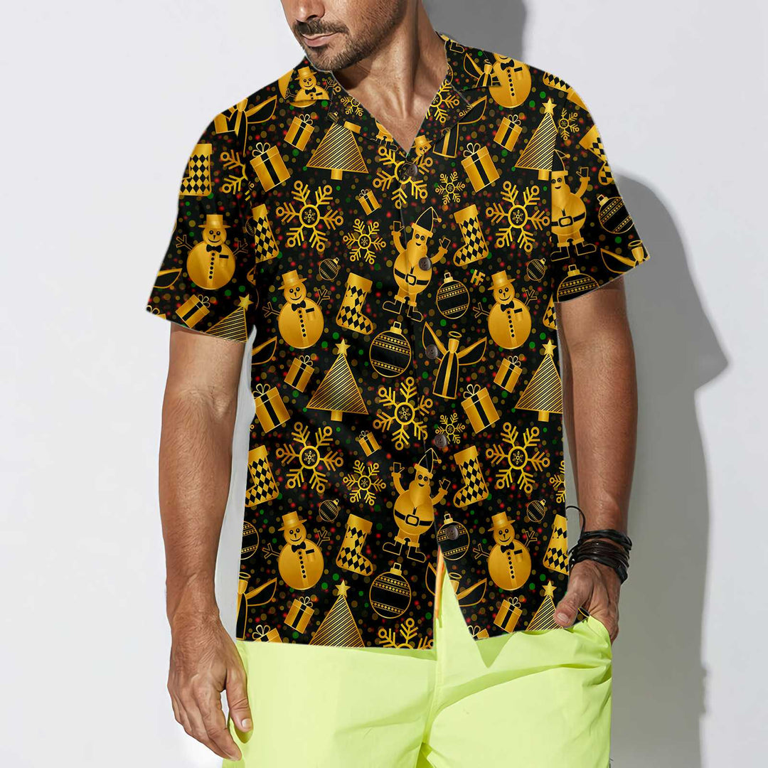 Drune | Goldene Weihnachten Elemente Hawaiihemd, Lustiges Weihnachtshemd für Männer, Beste Xmas Geschenkidee