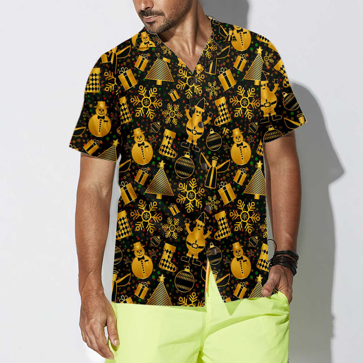 Drune | Goldene Weihnachten Elemente Hawaiihemd, Lustiges Weihnachtshemd für Männer, Beste Xmas Geschenkidee