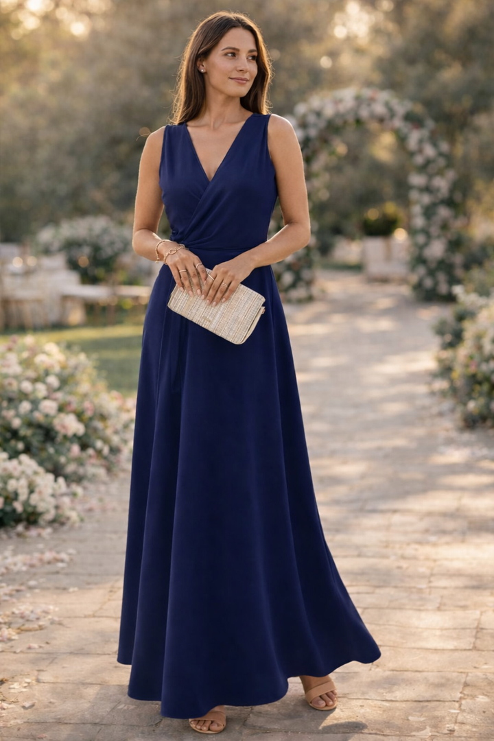 Drune Maxikleid Damen lang elegant V-Ausschnitt ärmellos