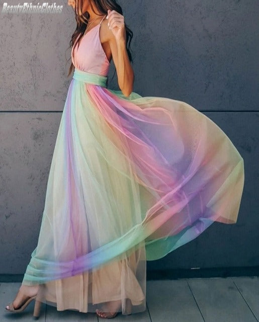 Drune | Regenbogen Spaghettiträger Damenkleid