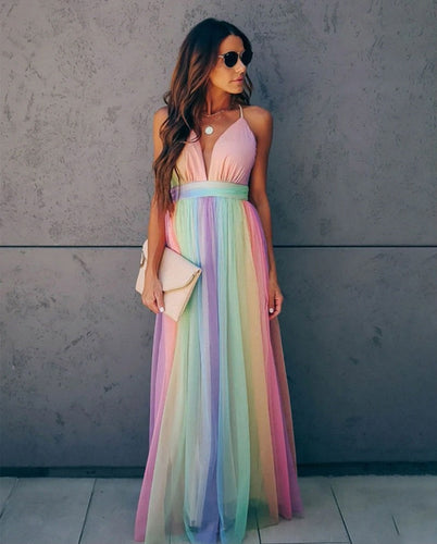 Drune | Regenbogen Spaghettiträger Damenkleid