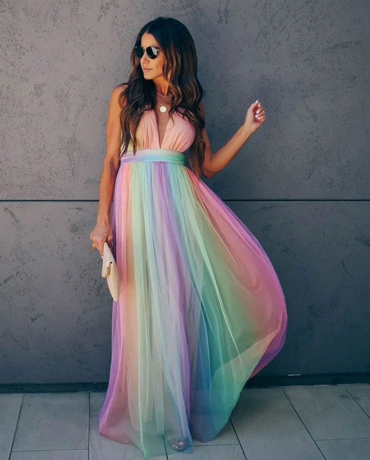 Drune | Regenbogen Spaghettiträger Damenkleid