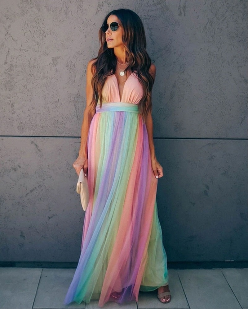 Drune | Regenbogen Spaghettiträger Damenkleid