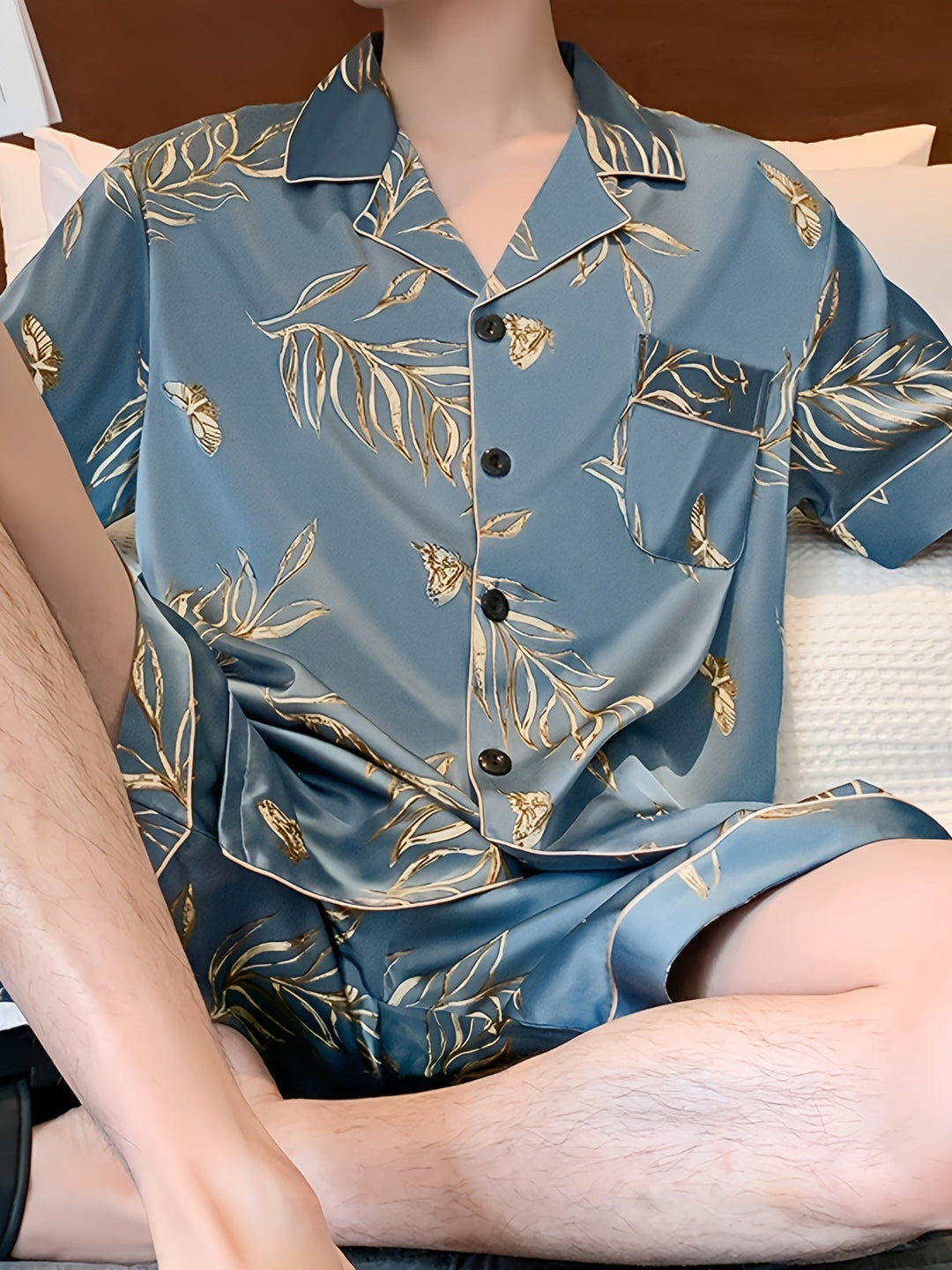 Drune | Herren Sommer Eis Seide Pyjama Satz Mit Blumen Und Blättern Druck