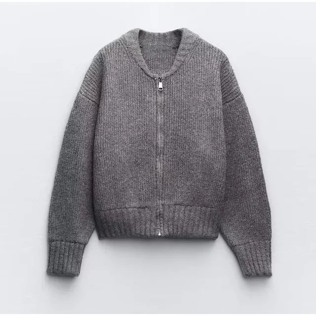 Drune | Eleganter grauer Strickmantel mit Rundhalsausschnitt für Damen