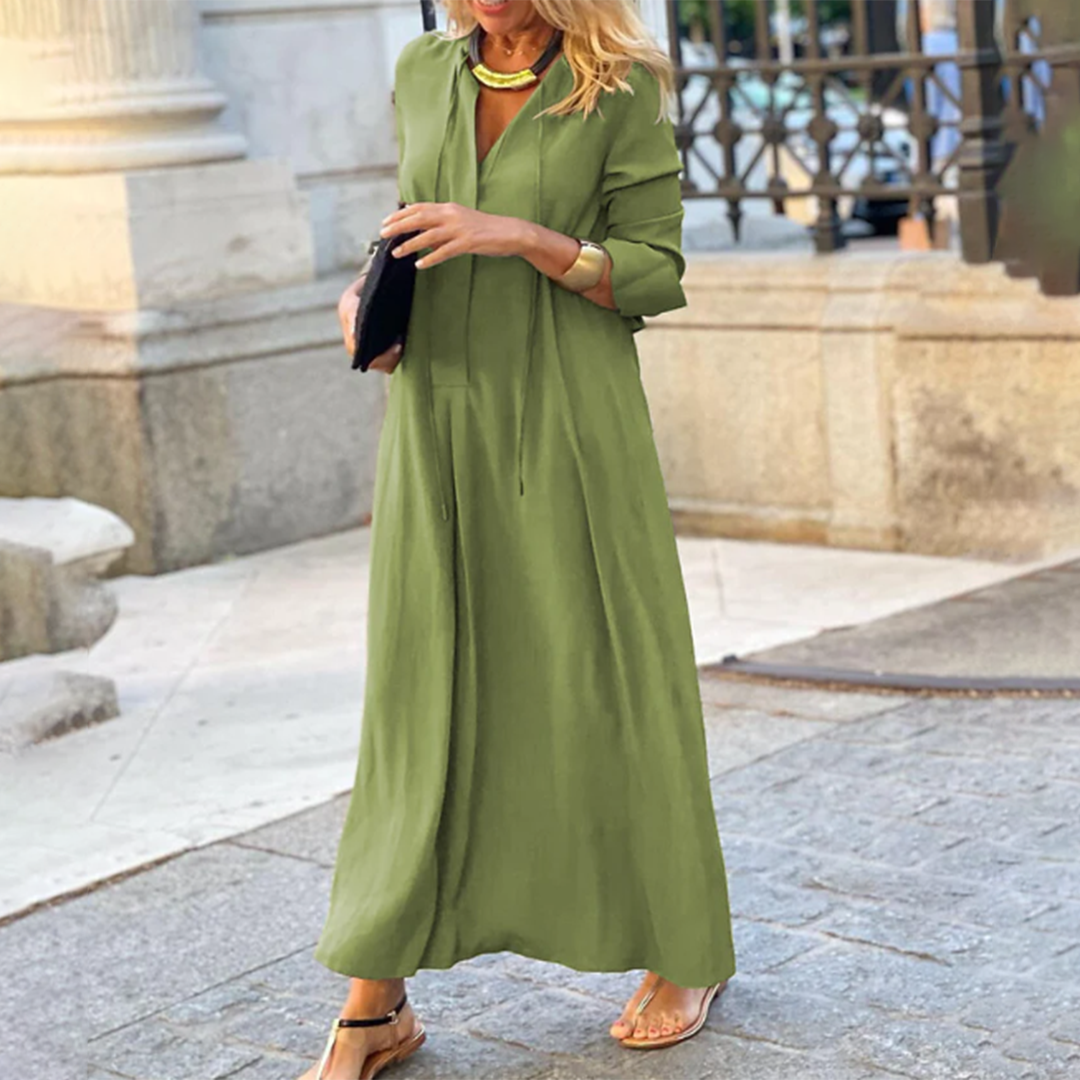 Drune | Elegante Lange Sommerkleid mit Mittellangen Ärmeln und Einem V-Ausschnitt