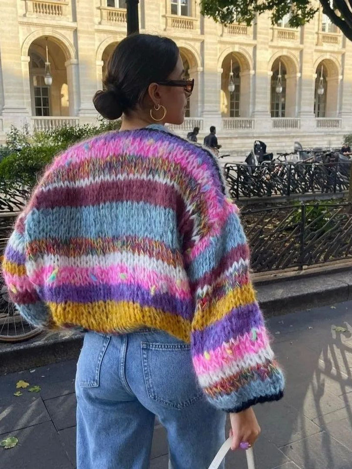 Drune | Kleid Farbenfroh Gestreifter Strickdamenpullover mit Offener Vorderseite