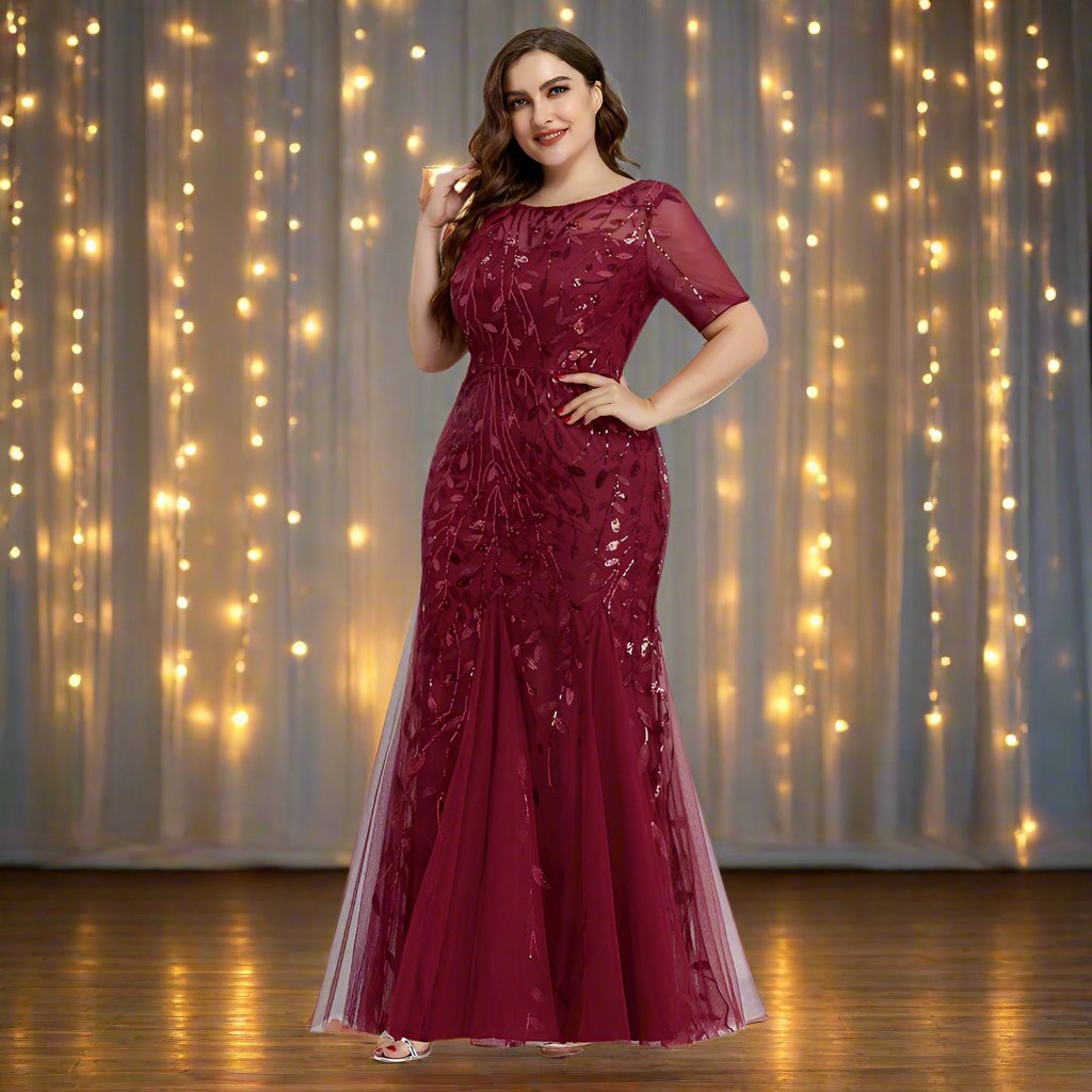 Drune | Damen Abendkleid in Übergröße Mit Pailletten Und Mesh Stickerei Im Meerjungfrau Stil