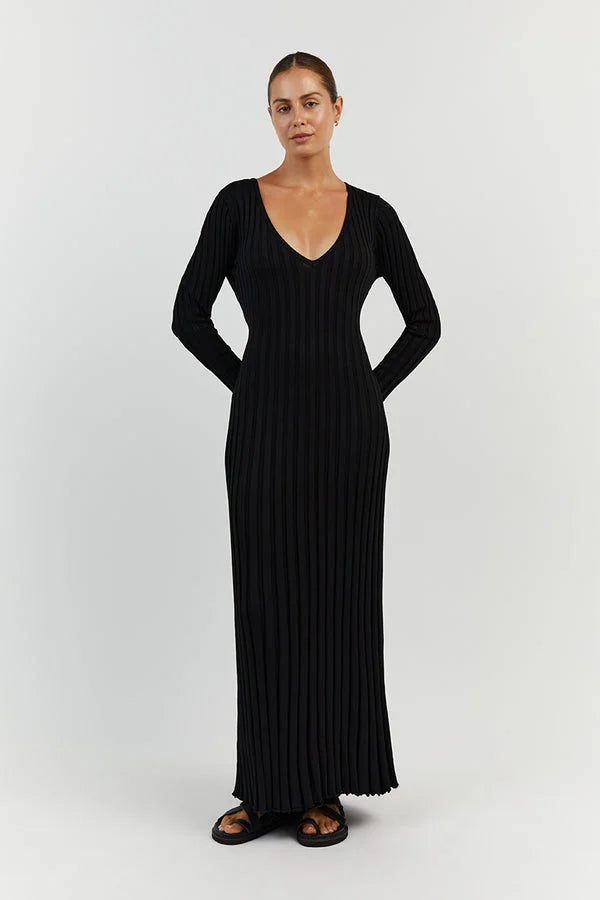 Drune Strickkleid | Modernes Langarm-Damenkleid mit V-Ausschnitt
