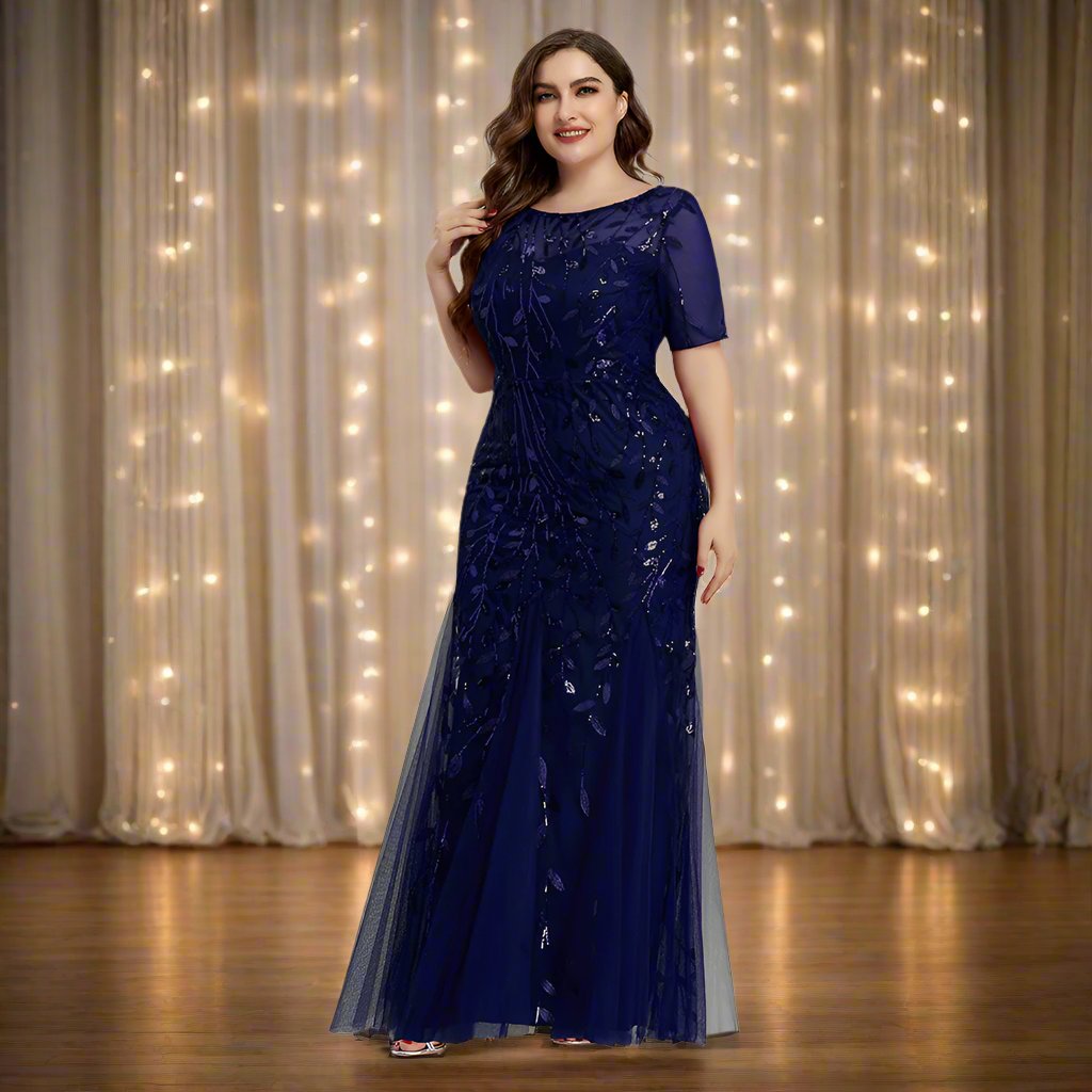 Drune | Damen Abendkleid in Übergröße Mit Pailletten Und Mesh Stickerei Im Meerjungfrau Stil
