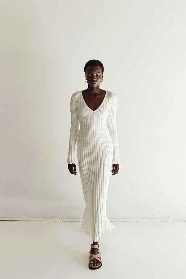 Drune Strickkleid | Modernes Langarm-Damenkleid mit V-Ausschnitt