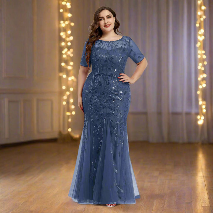 Drune | Damen Abendkleid in Übergröße Mit Pailletten Und Mesh Stickerei Im Meerjungfrau Stil