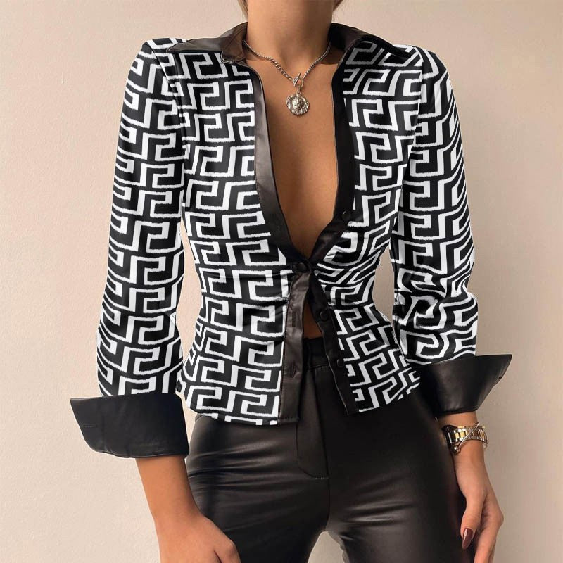 Drune | V-Ausschnitt PU-Leder bedruckt Langarm Patchwork-Bluse