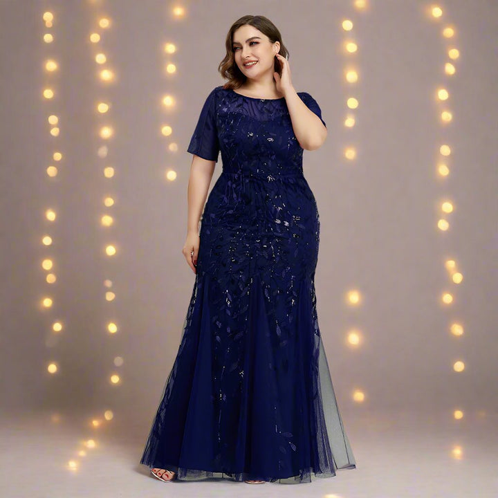 Drune | Damen Abendkleid in Übergröße Mit Pailletten Und Mesh Stickerei Im Meerjungfrau Stil