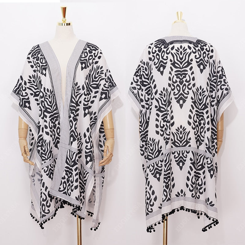 Drune | Böhmischer Kimono mit Blattdruck und Fransendetail
