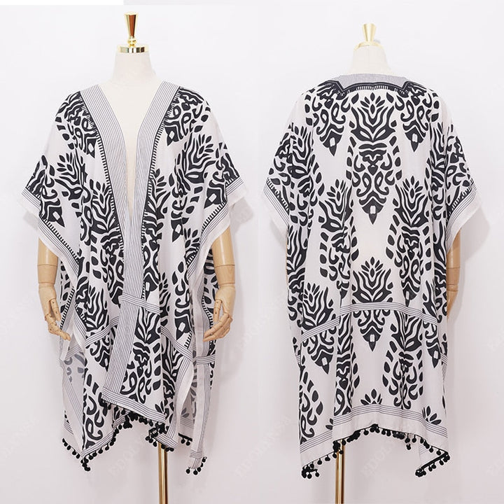 Drune | Böhmischer Kimono mit Blattdruck und Fransendetail