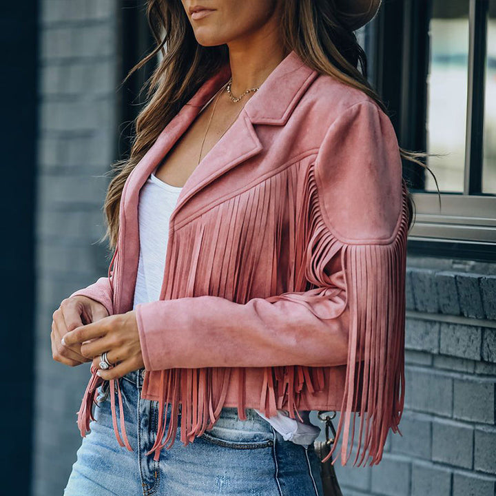 Drune | Revers Langarm Fransen Crop Hippie Jacke