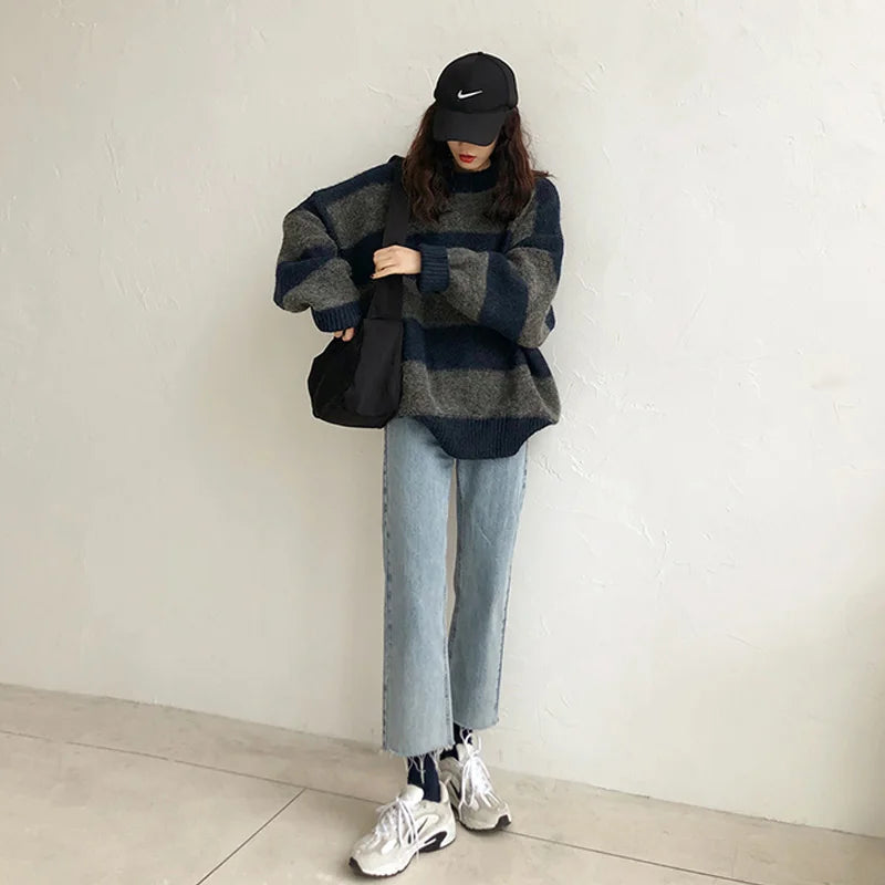Drune | Pullover - Damen Herbst Übergröße Gestreifter Strickpullover