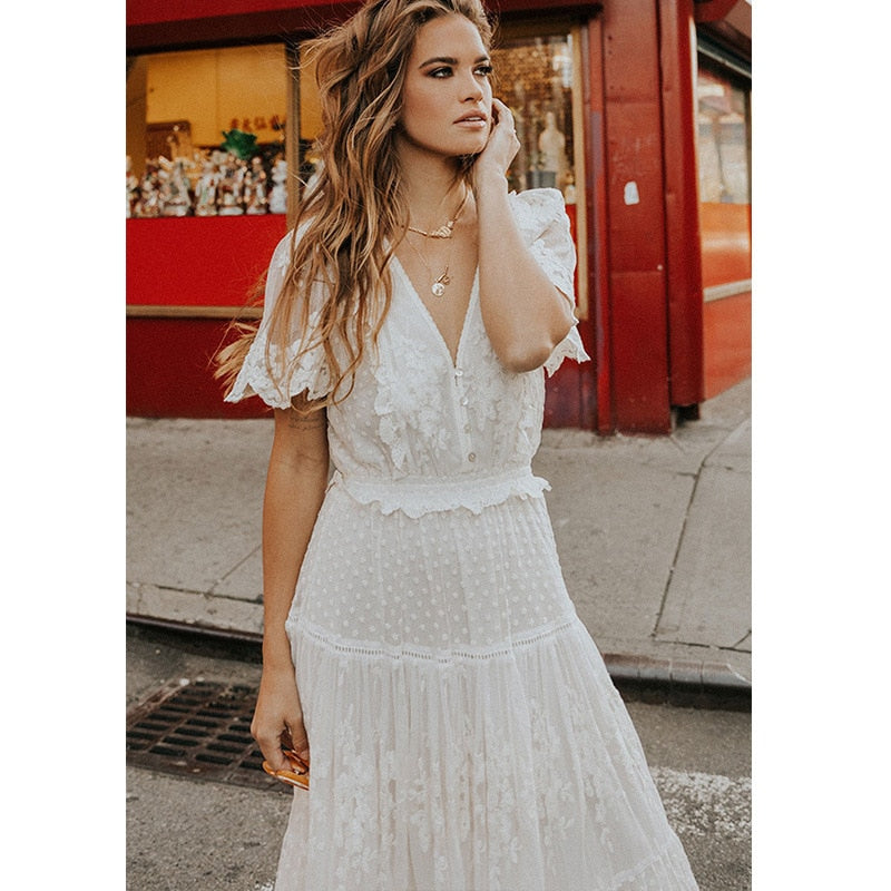Drune | Cross Halbtransparente Spitzen Maxikleid