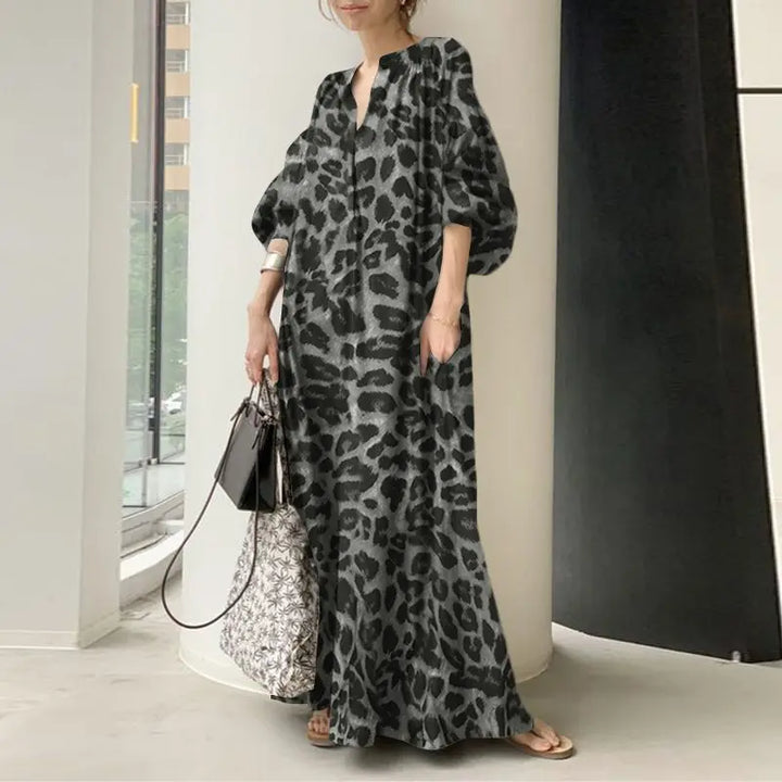 Drune Leopardenkleid | Stilvolles, sommerliches, bedrucktes, oversized Maxikleid mit langen Ärmeln