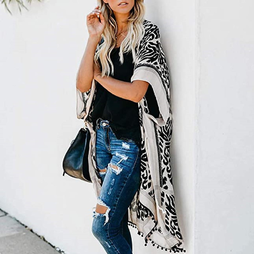 Drune | Böhmischer Kimono mit Blattdruck und Fransendetail