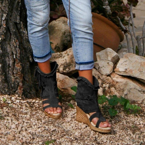 Drune | Weinlese PU-Quasten Peeptoe Hohe Keil Sandalen