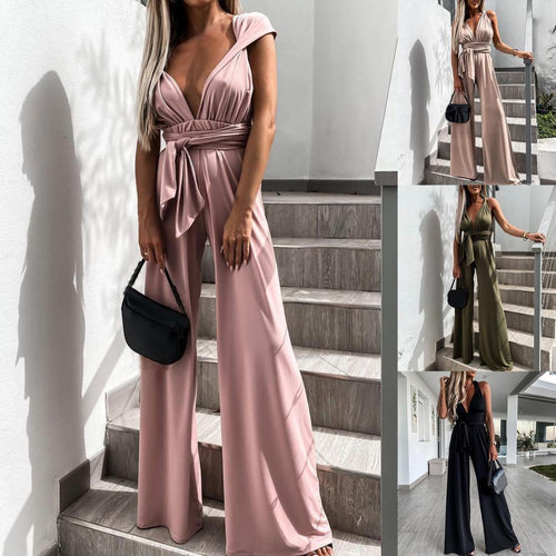 Drune | Eleganter ärmelloser Jumpsuit mit tiefem V-Ausschnitt, Taillenbund und weitem Bein