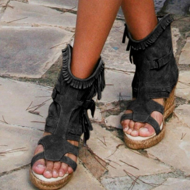 Drune | Weinlese PU-Quasten Peeptoe Hohe Keil Sandalen
