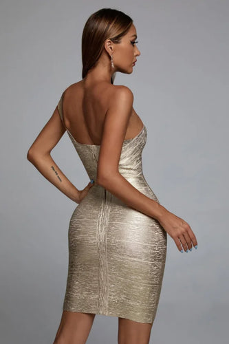 Drune | Celebrity Eine Schulter Folierung Gold Druck Rayon Bandage Kleid Elegante Club Party Kleid Vestidos