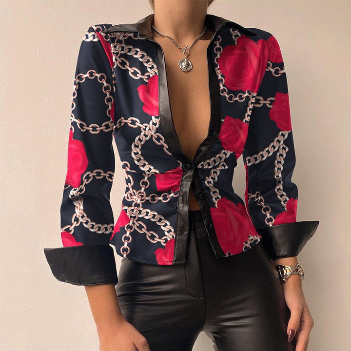 Drune | V-Ausschnitt PU-Leder bedruckt Langarm Patchwork-Bluse