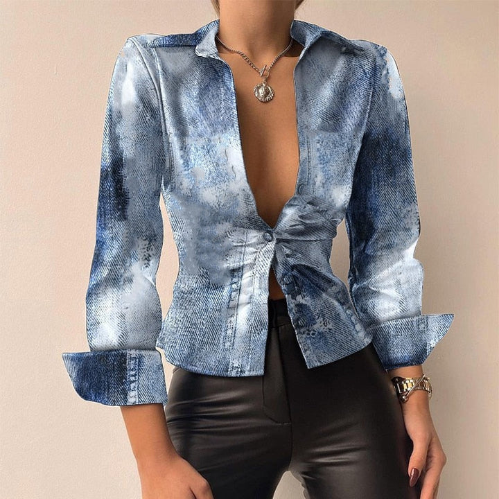 Drune | V-Ausschnitt PU-Leder bedruckt Langarm Patchwork-Bluse