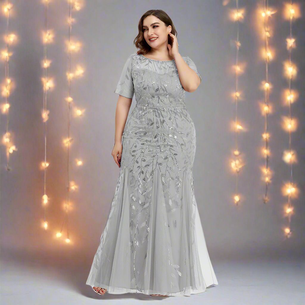 Drune | Damen Abendkleid in Übergröße Mit Pailletten Und Mesh Stickerei Im Meerjungfrau Stil
