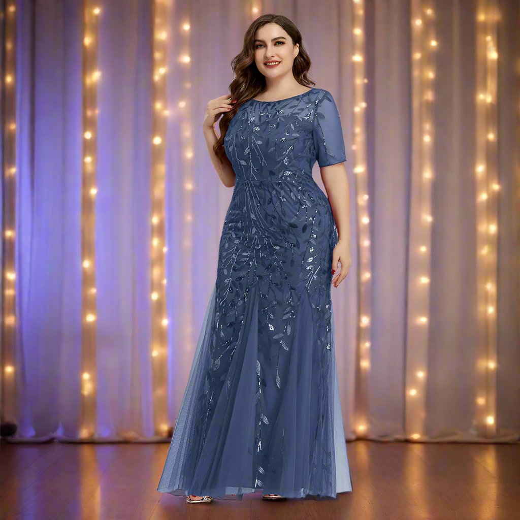Drune | Damen Abendkleid in Übergröße Mit Pailletten Und Mesh Stickerei Im Meerjungfrau Stil