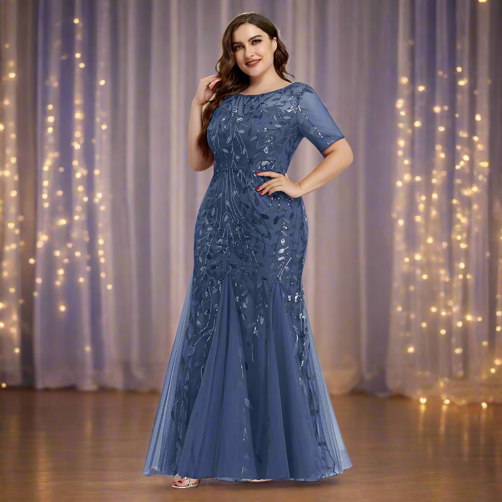 Drune | Damen Abendkleid in Übergröße Mit Pailletten Und Mesh Stickerei Im Meerjungfrau Stil