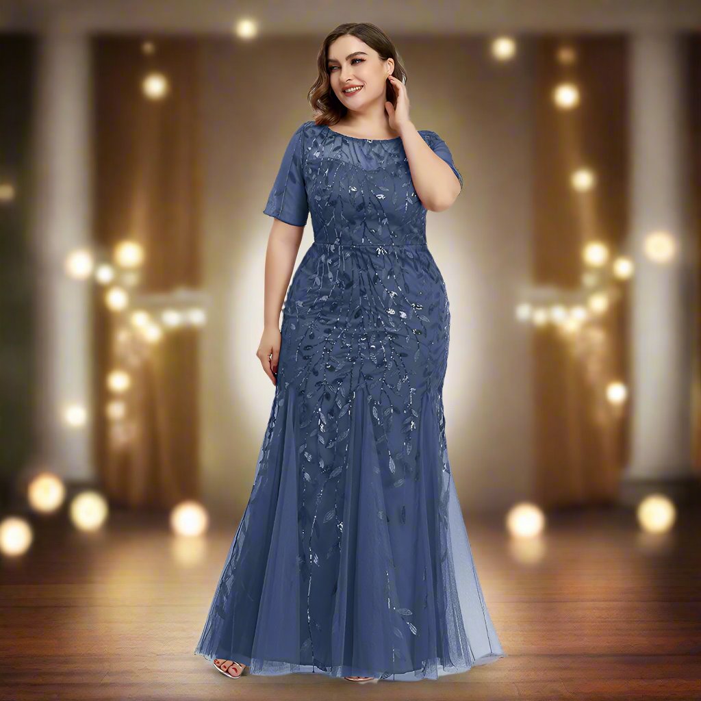 Drune | Damen Abendkleid in Übergröße Mit Pailletten Und Mesh Stickerei Im Meerjungfrau Stil