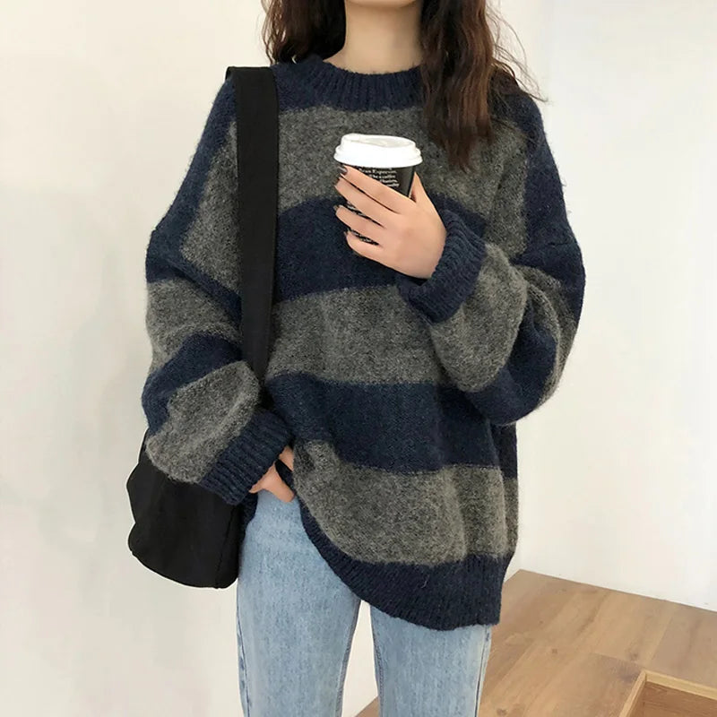 Drune | Pullover - Damen Herbst Übergröße Gestreifter Strickpullover