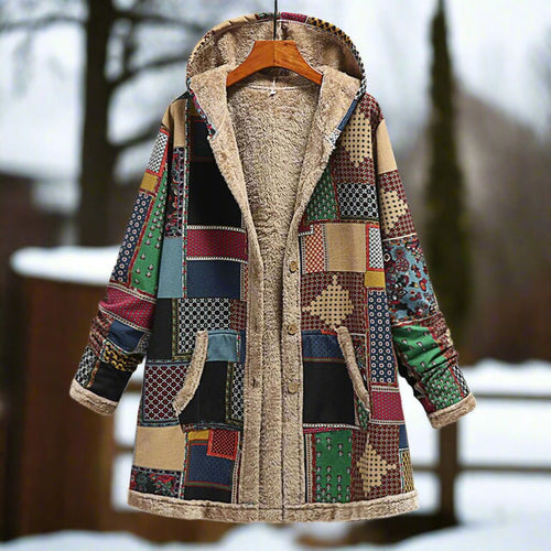 Drune | Langer Patchwork-Mantel - Gefüttert mit Fleece - Kapuze & Knopfverschluss - Lässiger Look