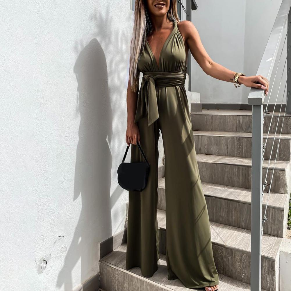 Drune | Eleganter ärmelloser Jumpsuit mit tiefem V-Ausschnitt, Taillenbund und weitem Bein