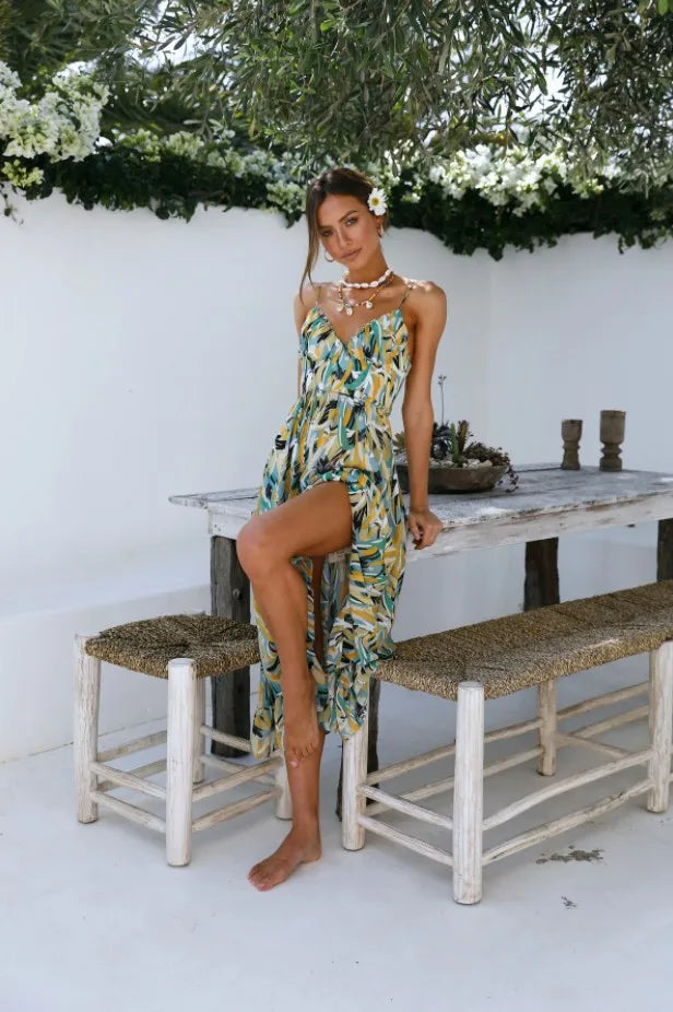 Drune Sommerkleid | Midi Damenkleid mit offenem Rücken und Ausschnitt, bedruckt