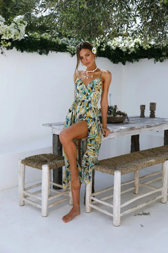 Drune Sommerkleid | Midi Damenkleid mit offenem Rücken und Ausschnitt, bedruckt
