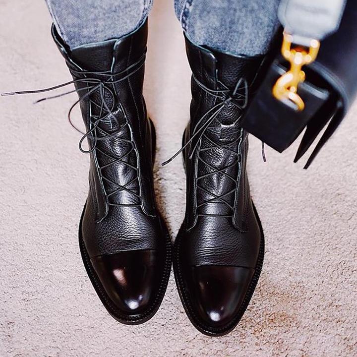 Drune | Stiefeletten Lackleder Schnürung Blockabsatz Weinlese Stil
